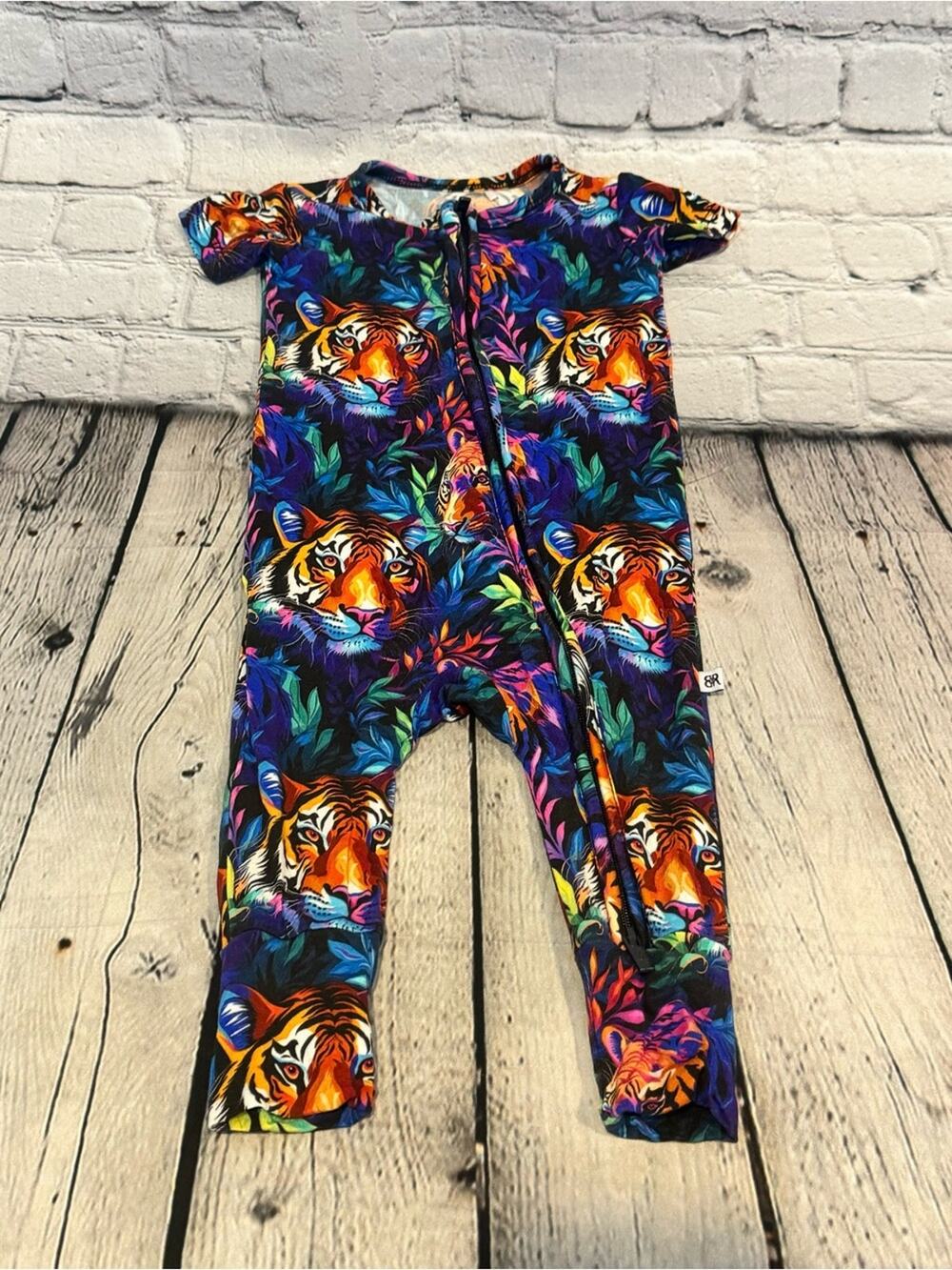 Bums & Roses Tiger Pattern Short Sleeve Bamboo Zip Romper